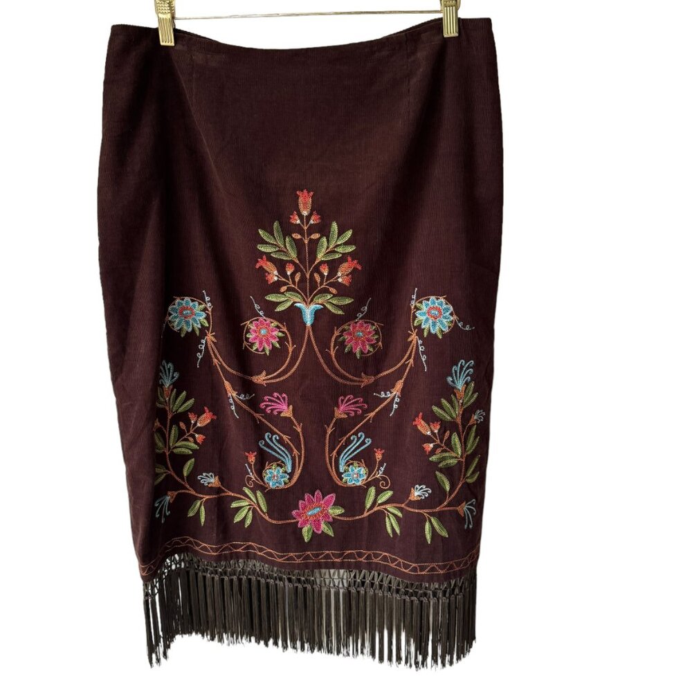 Elizabeth Dalton Sz16 Brown Micro Corduroy Embroidered Midi Pencil Skirt Fringe